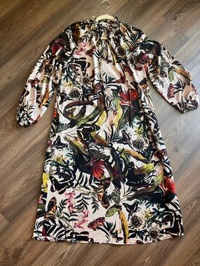 H&M Floral Maxi Dress in Cream with Green, Red and Black Accents
